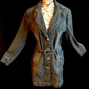 Women’s long denim stretch coat by Curvaceous.